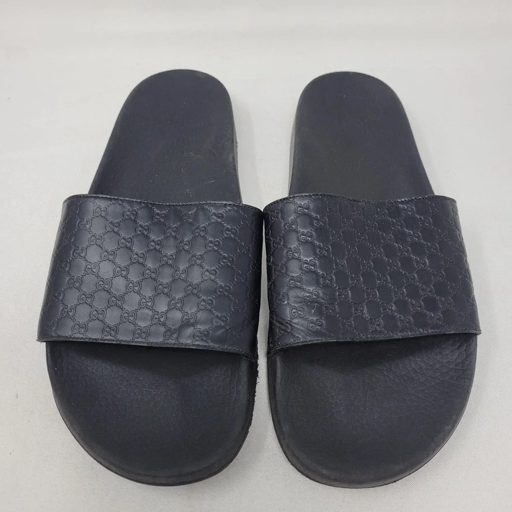 Gucci Sandals Mens Size 9 Black GG Logo Slide Leather Casual Comfort Slides